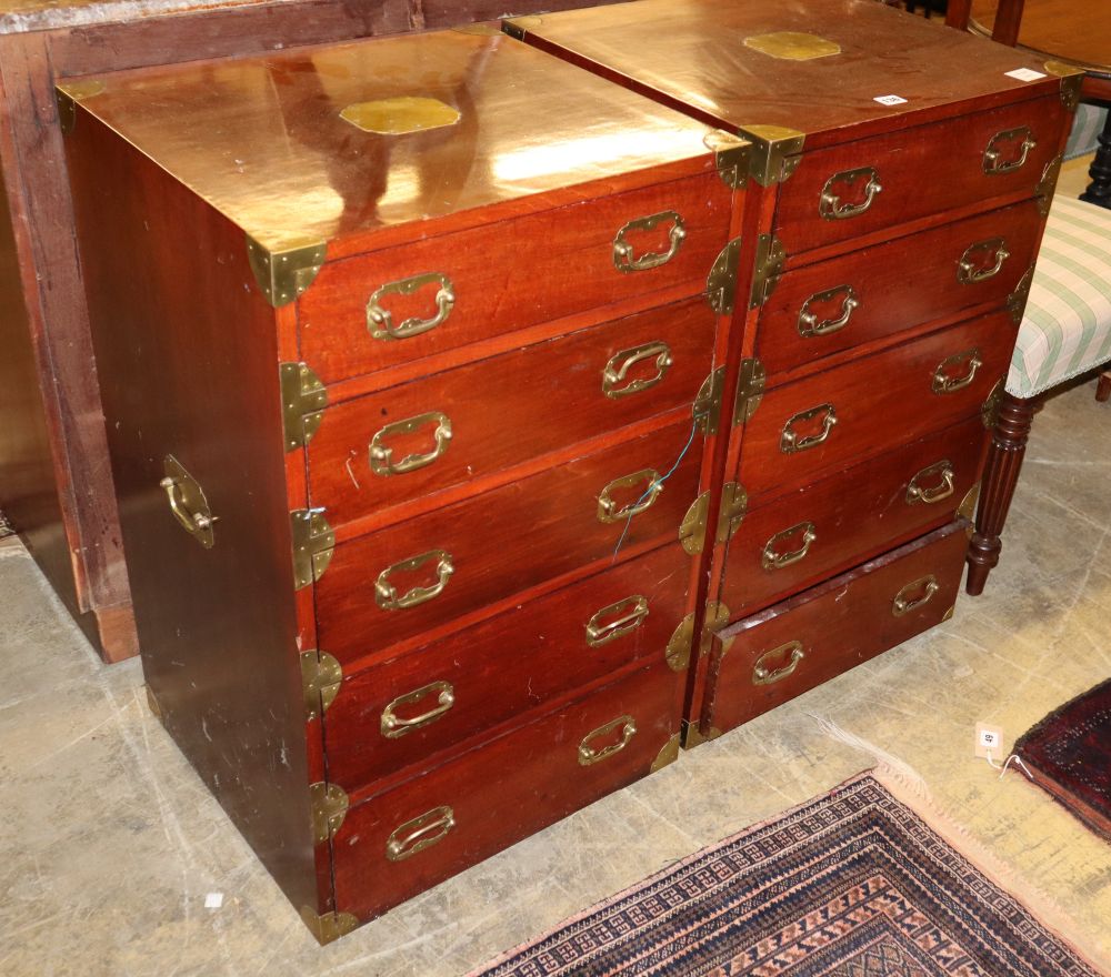 A pair of military-style small five drawer chests, W.50cm, D.46cm, H.81cm